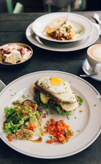 High angle view of breakfast served on table