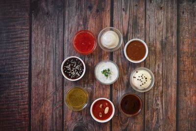 High angle view of various food on table