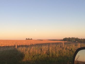 Scenic view of field against clear sky during sunset