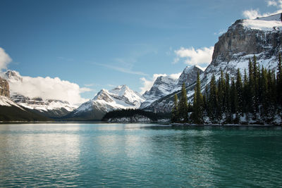 Scenic view of lake and snowcapped mountains against sky