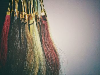 Close-up of artificial colorful dyed hairs hanging against wall