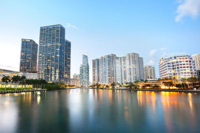 City by river against sky