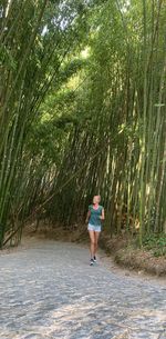 Rear view of woman walking on footpath in forest