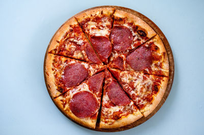 High angle view of pizza on table