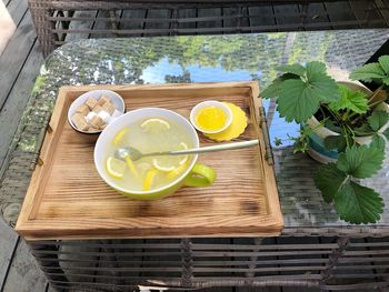 High angle view of breakfast on table