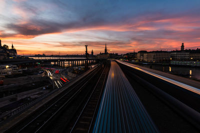 High angle view of railroad tracks at sunset