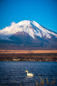 Scenic view of lake and snowcapped mountains against sky