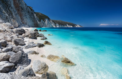 Scenic view of beach against blue sky