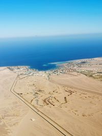 Scenic view of beach against clear blue sky