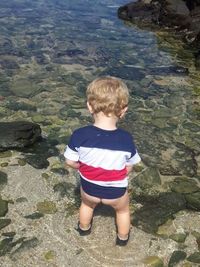 High angle view of boy standing on rock