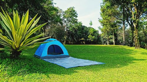 Tent in park against sky