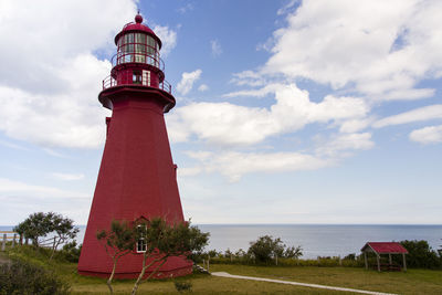 Lighthouse by sea against sky