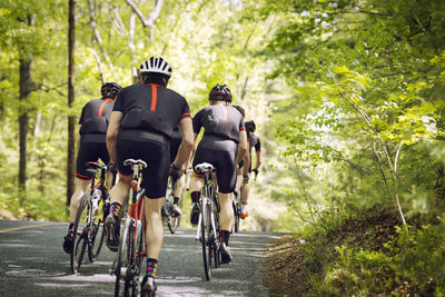 Rear view of male cyclists riding bicycles on country road