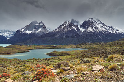 Scenic view of snowcapped mountains against sky