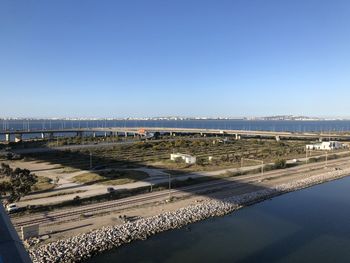 High angle view of river against clear blue sky