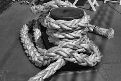 High angle view of tied up rope