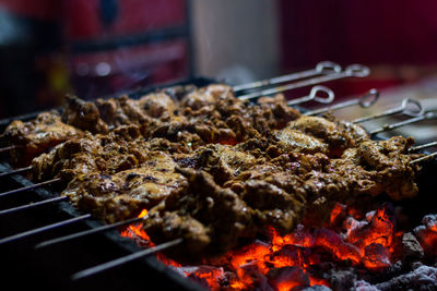 Close up of meat skewers