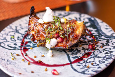 High angle view of dessert in plate on table