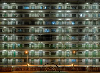 High angle view of illuminated building at night