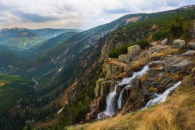 Scenic view of mountains against cloudy sky