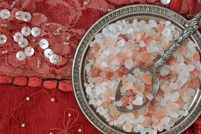 Close-up of himalayan salt in bowl on table