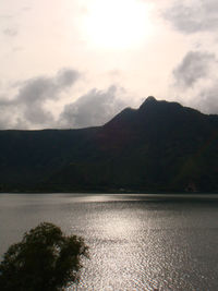 Scenic view of sea and mountains against sky