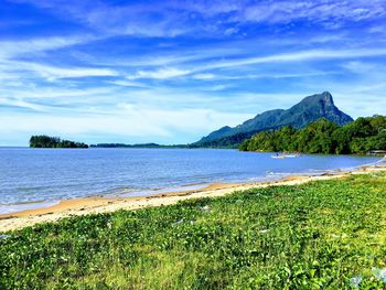 Scenic view of sea against blue sky