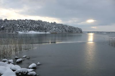 Scenic view of lake against sky during winter