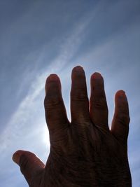 Cropped hand of person against sky