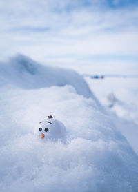Snowman of snow covered land against sky