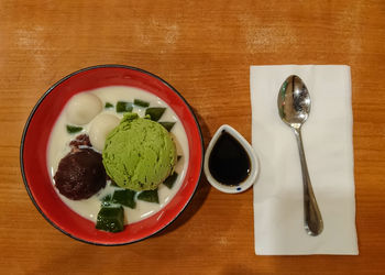 High angle view of dessert in plate on table