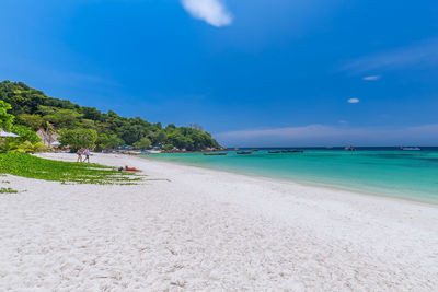 Scenic view of beach against blue sky