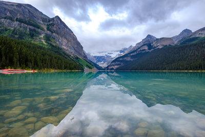 Scenic view of lake by mountains against sky