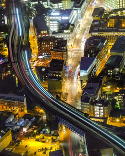 High angle view of illuminated cityscape at night