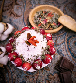 High angle view of fruits on table