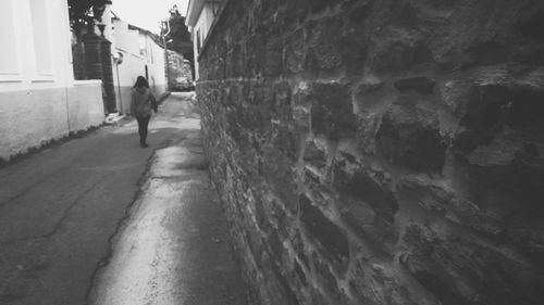 Rear view of man walking with dog on road