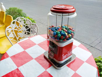 High angle view of multi colored candies on table