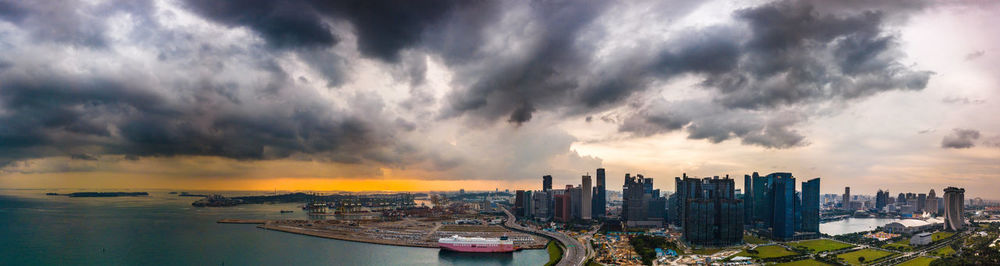 Panoramic view of city buildings against sky during sunset