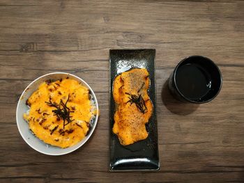 High angle view of breakfast on table