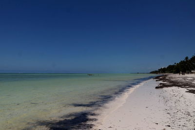 Scenic view of beach against clear blue sky