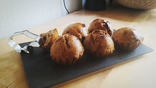 High angle view of eggs in plate on table