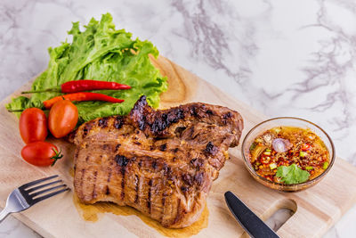 High angle view of food served on table