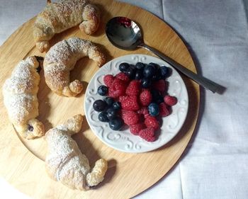 High angle view of strawberries in plate on table