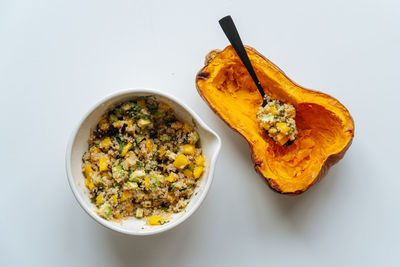 High angle view of breakfast on table