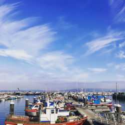 Boats moored at harbor against blue sky