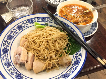 High angle view of food served on table