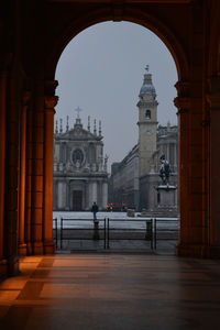 View of historical building . snow in turin.  piazza san carlo torino