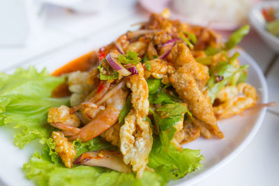 Close-up of meal served in plate on table