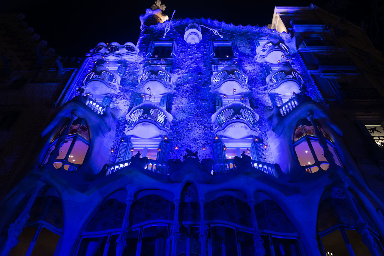 architecture, built structure, building exterior, night, low angle view, blue, illuminated, light, travel destinations, no people, building, city, religion, place of worship, the past, history, belief