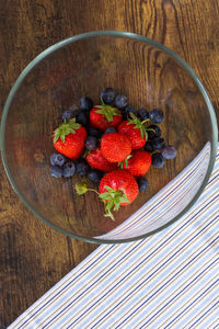 High angle view of strawberries in bowl on table